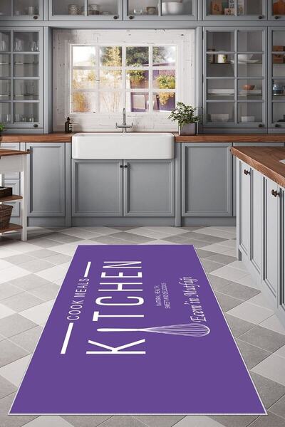 linazaitun Mor Kitchen Yazılı Yıkanabilir Kaymaz Taban Leke Tutmaz Modern Mut...
