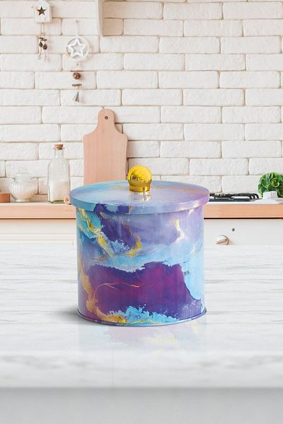 EVLE Ef145-f0 Liquid Purple Patterned Round Metal Storage Container 17.5 Cm