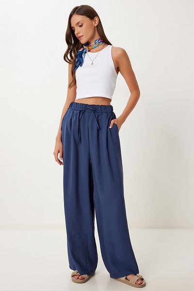Lovelyİstanbul Wide Leg Comfortable Modal Trousers Dark Blue Lmx0090