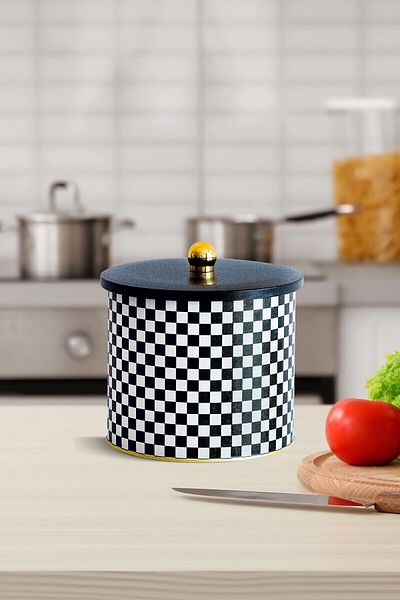 EVLE Ef146-g8 Checkers Black Patterned Round Metal Storage Container 17.5 Cm