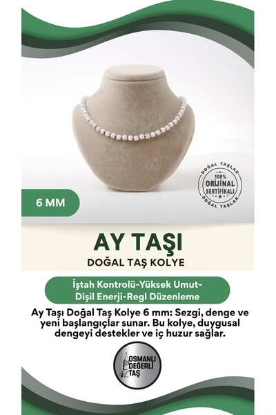 OSMANLI DEĞERLİ TAŞ Sertifikalı Ay Taşı Doğaltaş Kolye 6 Mm, M562