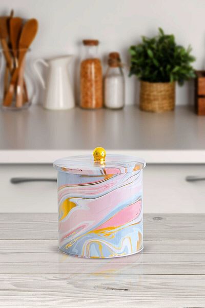 EVLE Ef147-ı0 Liquid Pink Patterned Round Metal Storage Container 17.5 Cm