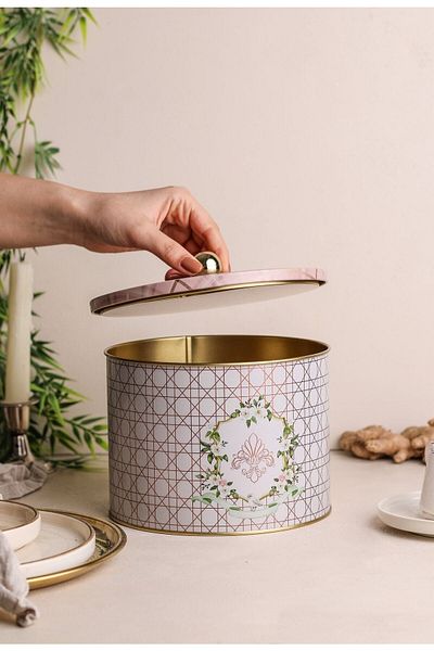 EVLE Rosy Patterned Round Metal Storage Container 14 Cm, Food Container - Organizer Box 14 Cm X 15 Cm Er143-u7