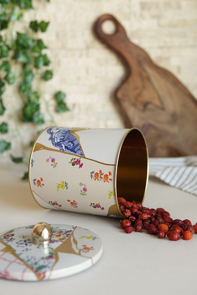 EVLE Kint Sugi Patterned Round Metal Storage Container, Food Storage Container - Organizer 14 Cm X 15 Cm Er143-3i