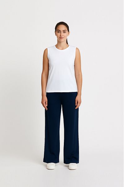 Cottonland Women's Katia Draped Wide Leg Elastic Waist Elastane Combed Cotton Trousers Dark Blue