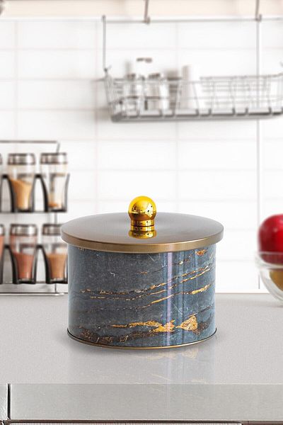 EVLE Ef141-h8 Rock And Gold Patterned Round Metal Storage Container 14 Cm