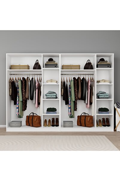 midoser Lucas 6 Kapaklı, 12 Raf Bölmeli, Askılıklı Geniş Elbise Dolabı, Gardırop Seti, Beyaz 190*270
