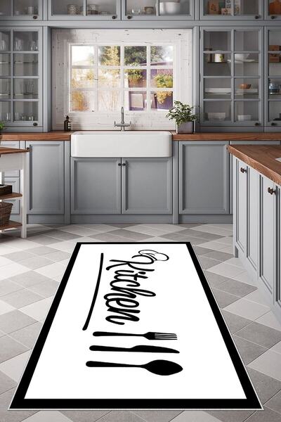 linazaitun Beyaz Kitchen Yazılı Yıkanabilir Kaymaz Taban Leke Tutmaz Modern M...