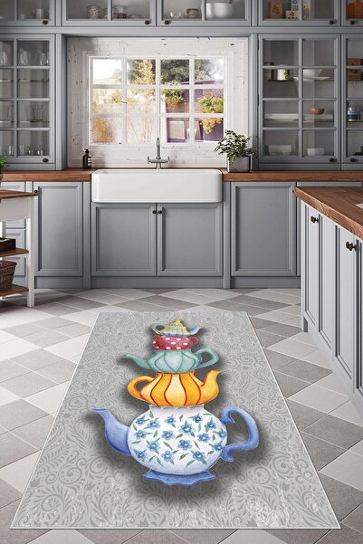 linazaitun Bej Renkli Çaydanlık Desenli Yıkanabilir Kaymaz Taban Leke Tutmaz ...