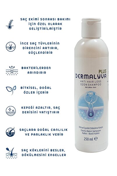 DERMALYVA Cosmetic Saç Ekimi Sonrası Şampuan – 15 Aktifli Ozon, Kafein, Keratin, Biotin Içerikli Dökülme Karşıtı 250ml