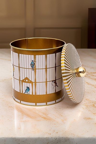 EVLE Bird Cage Patterned Round Metal Storage Container 14 Cm, Food Container - Organizer 14 Cm X 15 Cm Er143-t7