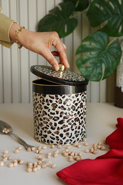 EVLE Leo Patterned Round Metal Storage Container, Food Storage Container - Organizer Box 14 Cm X 15 Cm Er143-v4