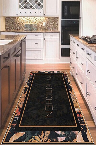 linazaitun Siyah My Kitchen Desenli Yıkanabilir Kaymaz Taban Leke Tutmaz Mode...