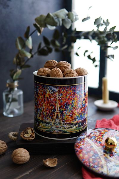 EVLE Ef143-02 Afremov Paris Patterned Round Metal Storage Container 14 Cm