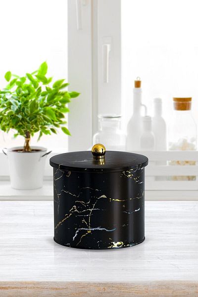 EVLE Ef146-50 Marble Black Patterned Round Metal Storage Container 17.5 Cm
