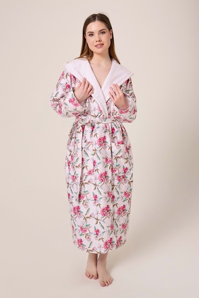 VEVİEN HOME Μπουρνούζι με μοτίβο Peonia Fiore με ψηφιακή εκτύπωση με κουκούλα Spa Θερμικό μπουρνούζι σάουνας μπάνιου