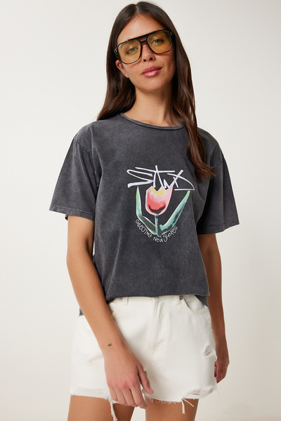 Lovelyİstanbul Τυπωμένο πλενόμενο εύκαμπτο πλεκτό μπλουζάκι ANTHRACITE LAN0034