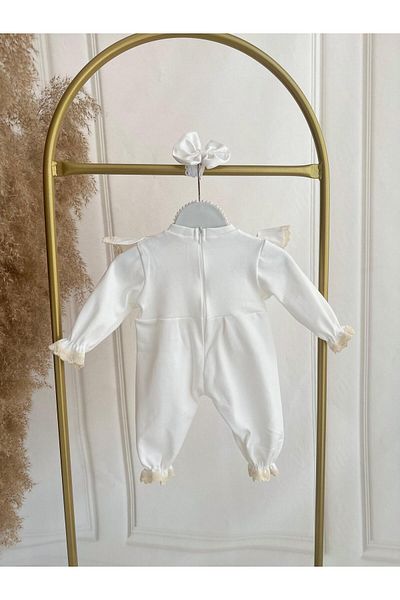 Hobidik Scalloped Combed Cotton Cream Jumpsuit for Newborn Baby - Hospital Exit