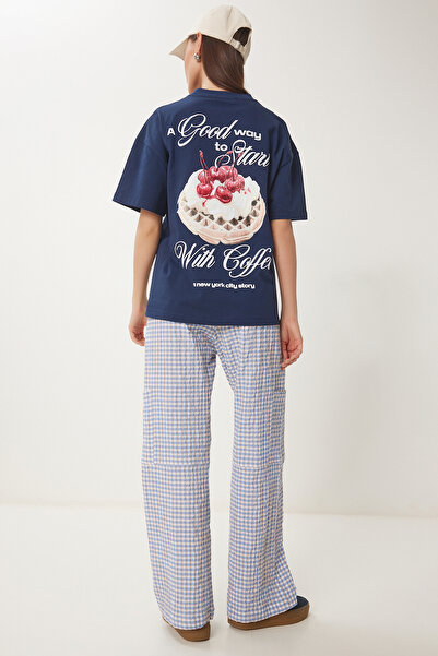 Lovelyİstanbul Πλεκτό μπλουζάκι με ανάγλυφο εμπριμέ ΣΚΟΥΡΟ ΜΠΛΕ LCR0067