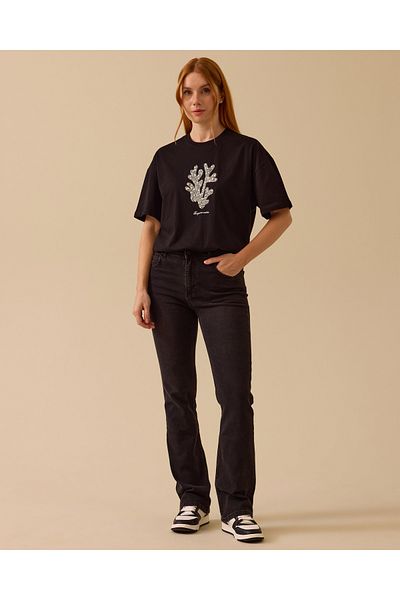 SEÇİL Women's Stone Detailed Printed T-Shirt - Black