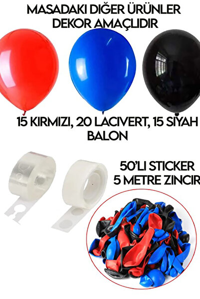 SPIDERMAN 50'li Örümcek Adam Balon Seti Spiderman 20 Lacivert 15 Kırmızı 15 Siyah + 1 Zincir + 1 Sticker Parti