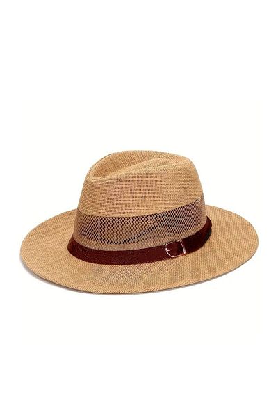 Külah Men's Mesh Breathable Faux Leather Striped Straw Panama Hat-Cream