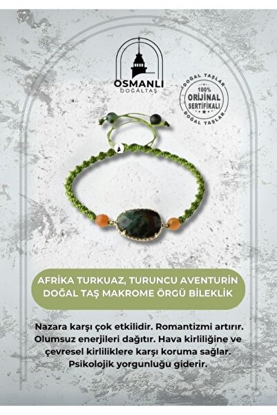 OSMANLI DOĞAL TAŞ Afrika Turkuaz- Turuncu Aventurin Doğal Taş Makrome Örgü Bi...