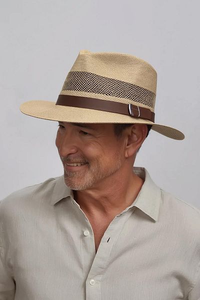 Külah Men's Mesh Breathable Faux Leather Striped Straw Panama Hat-Cream
