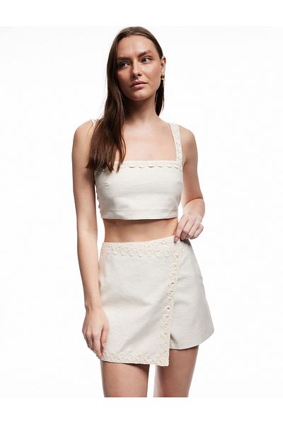 Koton X Melis Ağazat - Lined Linen Blend Sleeveless Square Neck Floral Strap Crop Bustier