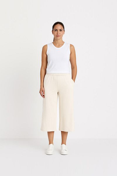 Cottonland Women's Estela Thin Summer Wide Leg Elastic Waist Combed Cotton Capri Pants Ecru