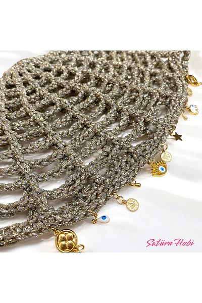 Satürn Hobi Knitted Bohemian Gold Accessory Detailed Glitter Mesh Beret & Bandana & Buckle
