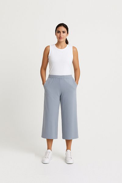 Cottonland Women's Estela Thin Summer Wide Leg Elastic Waist Combed Cotton Capri Pants Light Gray