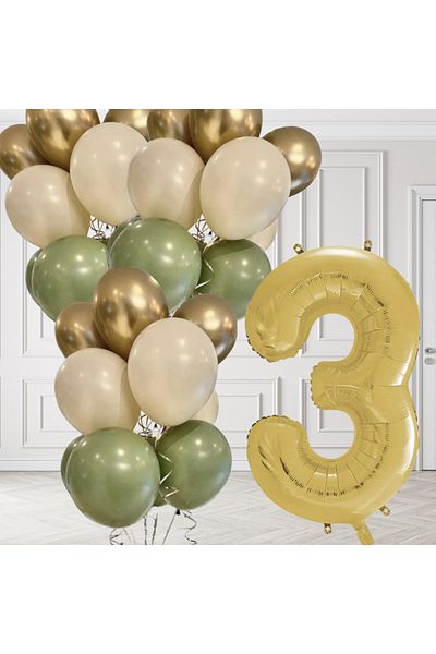 tedaks 3 Years Old Retro Mildew Green Chrome Gold Sand Beige Balloon Set Gold Number Birthday Balloon Stylish Party Ornament