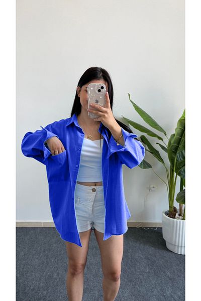 Shiron Sportswear&Company Cămașă de damă Saks Blue, cu umăr liber, oversize, cu buzunar din in, nou sezon