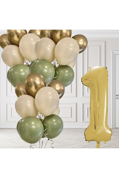 tedaks 1 Year Old Retro Mildew Green Chrome Gold Sand Beige Balloon Set Gold Number Birthday Balloon Stylish Party Ornament