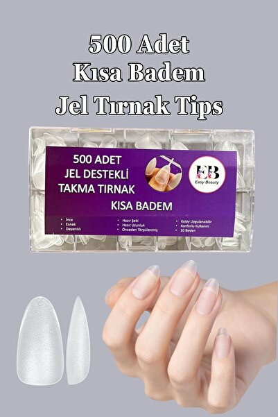 Easy Beauty 500 Adet Yeni Nesil Jel Destekli Badem Şekil Kısa Takma Tırnak Seti. 10 Beden, Yapıştırıcı Hediye