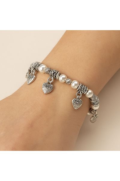 ÖZKAHRA TEKSTİL Women's Silver Color Heart Charm Bead Bracelet – Handmade Design
