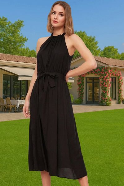 PayBuy A-Line Halter Neck Midi Viscose Dress Belted Casual Summer Trending Design for Daily Wear