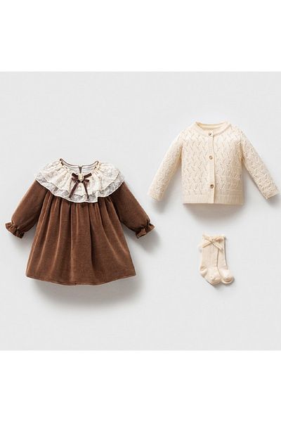 Noy Noy Organic Cotton Baby Girl Knitwear Cardigan Velvet Dress 3 Piece Set