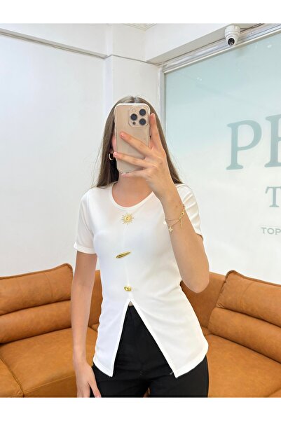 peri tower Sun Button Detailed Ribbed Blouse