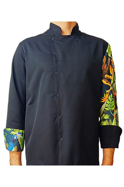 Ant Rotagrup Üniforma ve İş Elbiseleri Chef Jacket Patterned Unisex Snap Fastener Black Long Sleeve Chef Cook Kitchen Jacket Tropical Bird