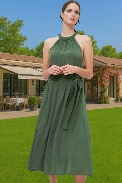 PayBuy A-Line Halter Neck Midi Viscose Dress Belted Casual Summer Trending Design for Daily Wear