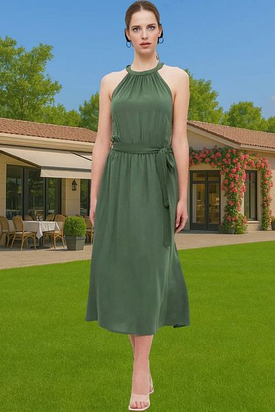 PayBuy A-Line Halter Neck Midi Viscose Dress Belted Casual Summer Trending Design for Daily Wear