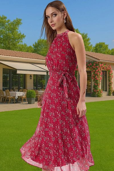 PayBuy Floral Pattern A-Line Midi Dress Chiffon Fabric Summer Daily Casual Use Durable Material