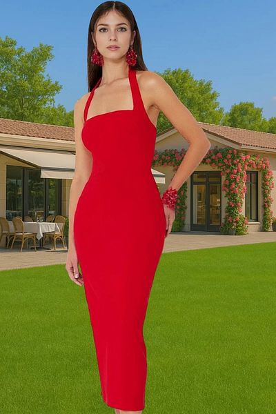 PayBuy Women's Finike Woven Bodycon Midi Dress Square Neck Summer for Special Occasions for Daily Wear