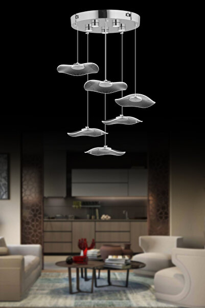 İstanbul Avize Şapka 6'lı Kumandalı Gümüş Üç Renk Led Lüx Modern Ledli Avize