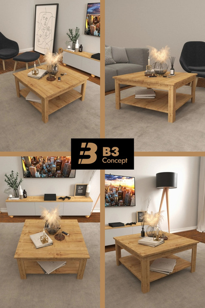 B3 Concept Nort Serisi Modern Dekoratif 1. Kalite Raflı Kare Salon Orta Sehpa Safir Meşe Beyaz