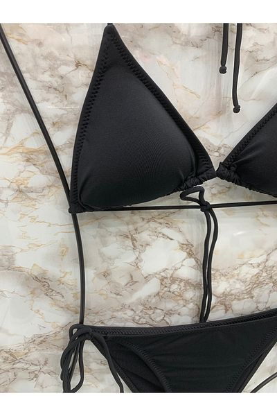 XORVİO Women's Lycra Flexible Side and Neck Tie Stylish Drawstring Triangle Black Bikini Suit