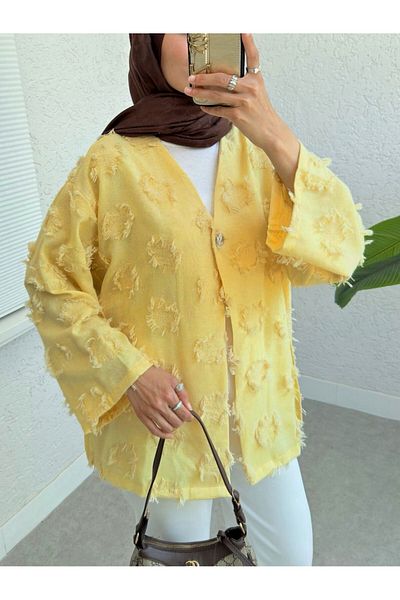 Modamorfo One Button Tassel Detailed Slit Kimono -Yellow