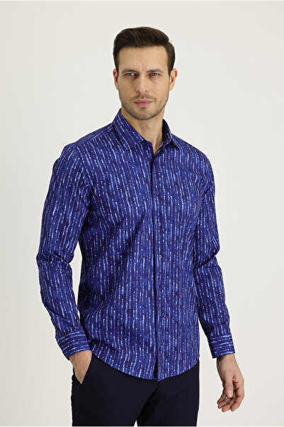 Kiğılı Uzun Kol Slim Fit Dar Kesim Desenli Pamuk Gömlek